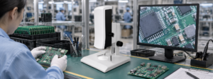 SI-VMA microscope used for PCB production inspection at an electronics QC workstation