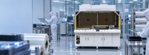 Optical film laminating machine in a cleanroom with operators handling film and LCD panels
