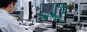 Technician using an SI-VMA video microscope to inspect PCB solder joints on an external monitor